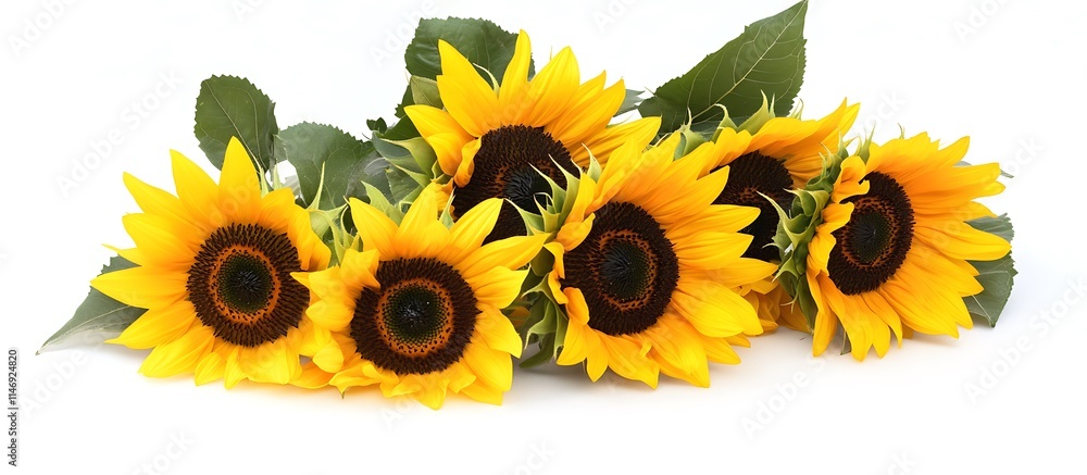 Fototapeta premium Sunflower bouquet on white backdrop, isolated, detailed and vibrant, high-resolution image.