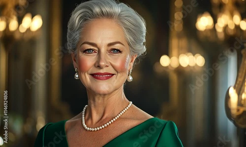 Wallpaper Mural 55-year-old woman with perfectly styled short silver hair and piercing blue eyes. She is dressed in an elegant emerald-green evening gown with a pearl necklace, radiating an air of authority Torontodigital.ca
