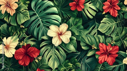 Tropical Paradise: Lush Hibiscus and Monstera Leaves Pattern 