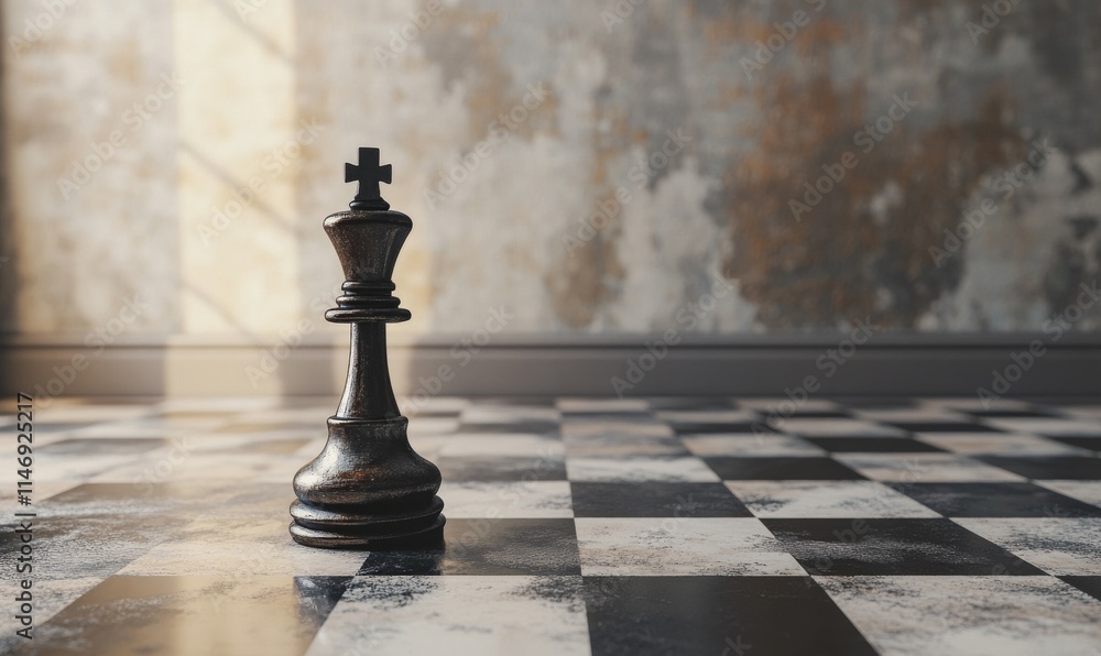 Elegant chessboard with a lone king piece standing in sharp relief against a soft focus background Elegant chessboard with a lone king piece standing in sharp relief against a soft focus background