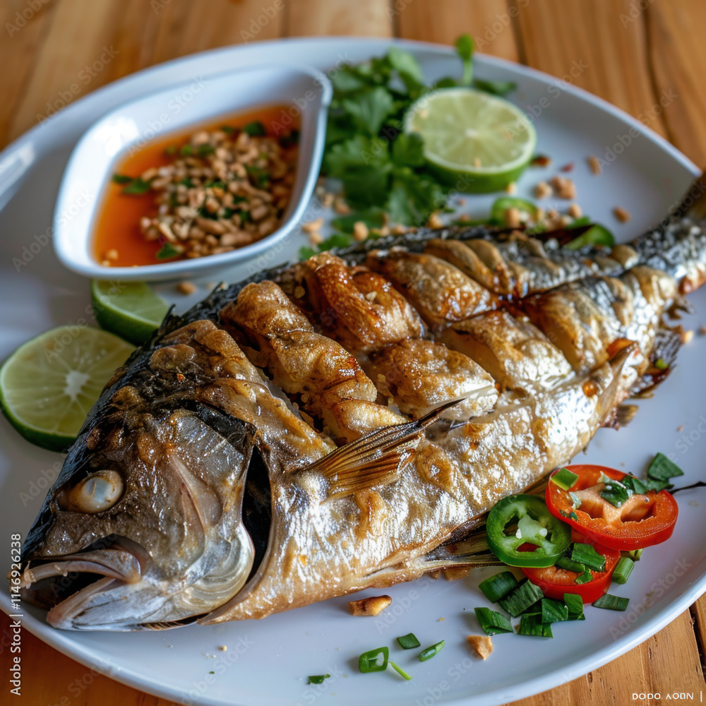 A whole grilled fish served with fresh lime slices, dipping sauce garnished with peanuts, and chili peppers, creating a flavorful Vietnamese-inspired dish on a wooden table.
A whole grilled fish served with fresh lime slices, dipping sauce garnished with peanuts, and chili peppers, creating a flavorful Vietnamese-inspired dish on a wooden table.