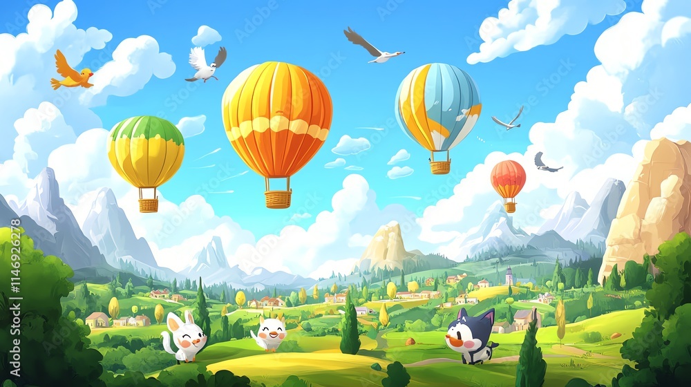 Obraz premium Colorful hot air balloons flying over a lush green landscape.