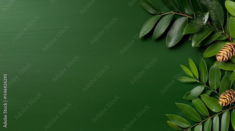 A green background with pine cones and leaves A green background with pine cones and leaves