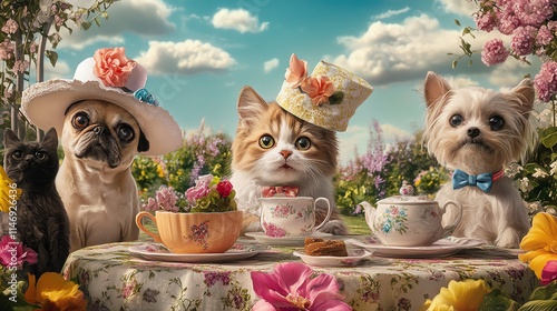 Cute animals enjoying a tea party in a floral garden setting.