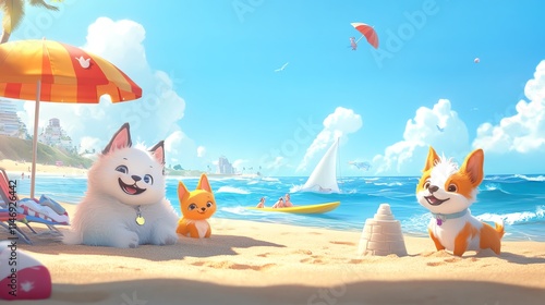 Cute cartoon animals enjoying a sunny day at the beach. photo