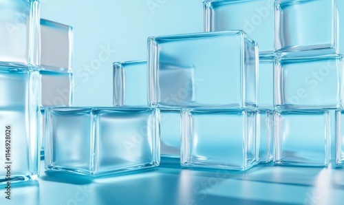 Frosted Glass Blocks on a Blue Surface. Visionary Tech Design with copy space.