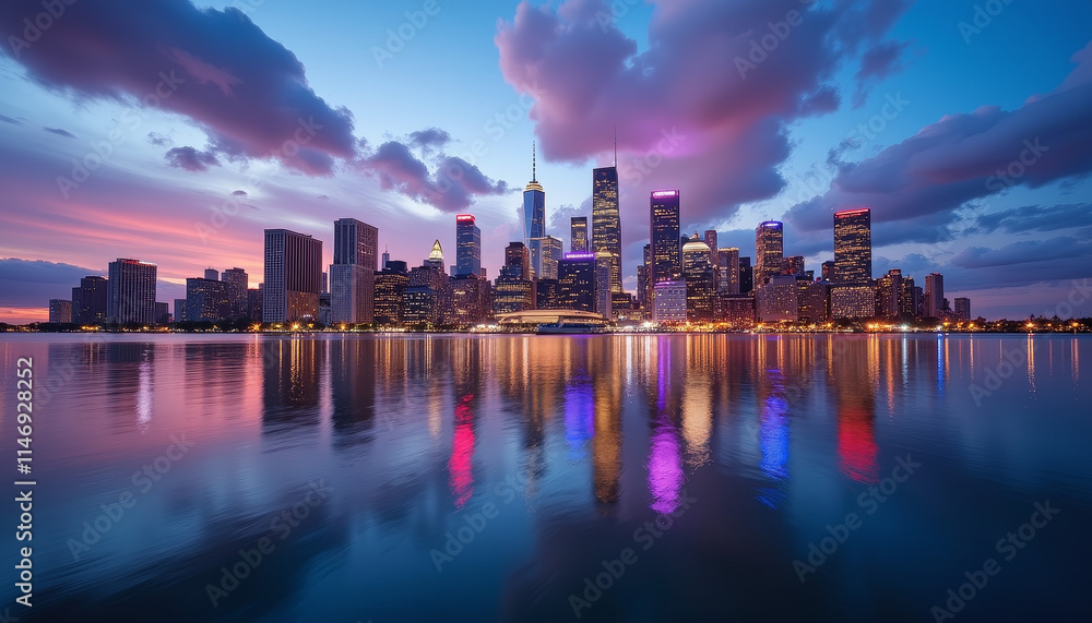 Fototapeta premium Breathtaking twilight skyline showcasing vibrant city lights reflected in serene waters beneath a colorful sky