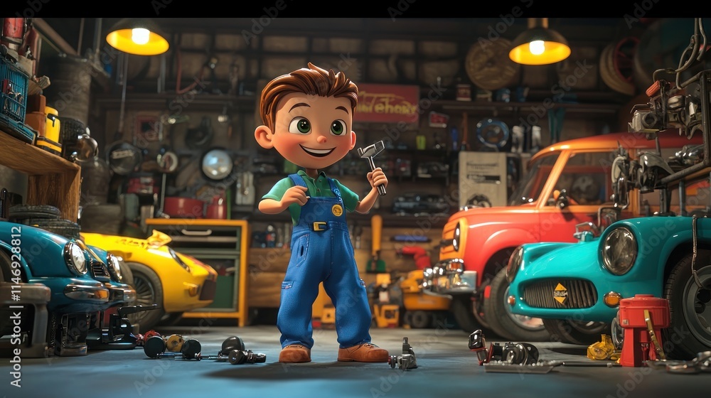 Fototapeta premium Cartoon-style 3D caricature of a cheerful boy wearing blue mechanic overalls, holding a wrench, surrounded by colorful cars, spare parts, and tools in a bustling garage setting.