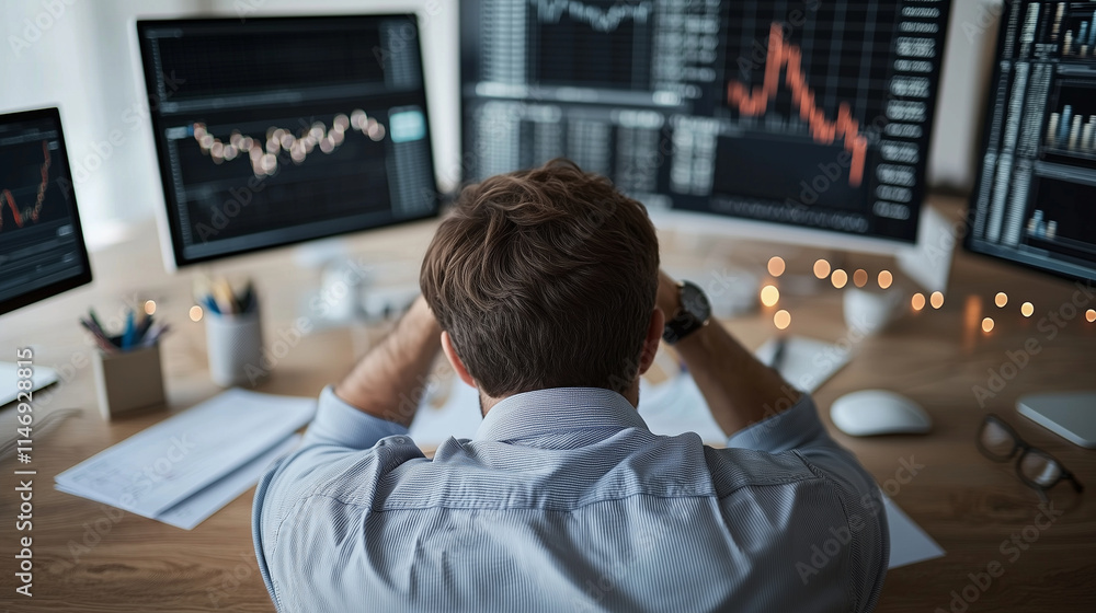 A focused analyst in a smart casual outfit sitting at his desk, surrounded by holographic projections of data dashboards, numerical trends, and interactive stock tickers. The backg A focused analyst in a smart casual outfit sitting at his desk, surrounded by holographic projections of data dashboards, numerical trends, and interactive stock tickers. The backg