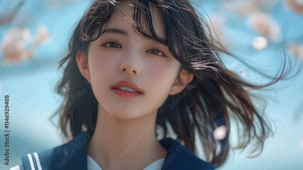 A Japanese high school girl standing with her head slightly tilted, her hair fluttering in the wind. She is wearing a school uniform, and a sailor collar. A Japanese high school girl standing with her head slightly tilted, her hair fluttering in the wind. She is wearing a school uniform, and a sailor collar.