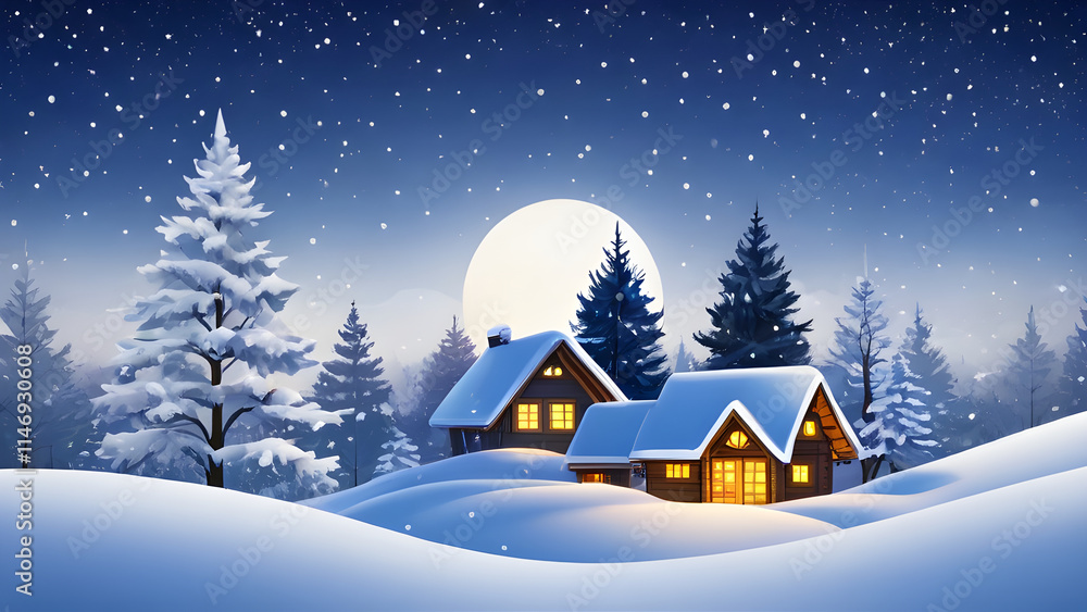 Fototapeta premium Cozy wooden cabins covered in snow under a full moon on a winter night