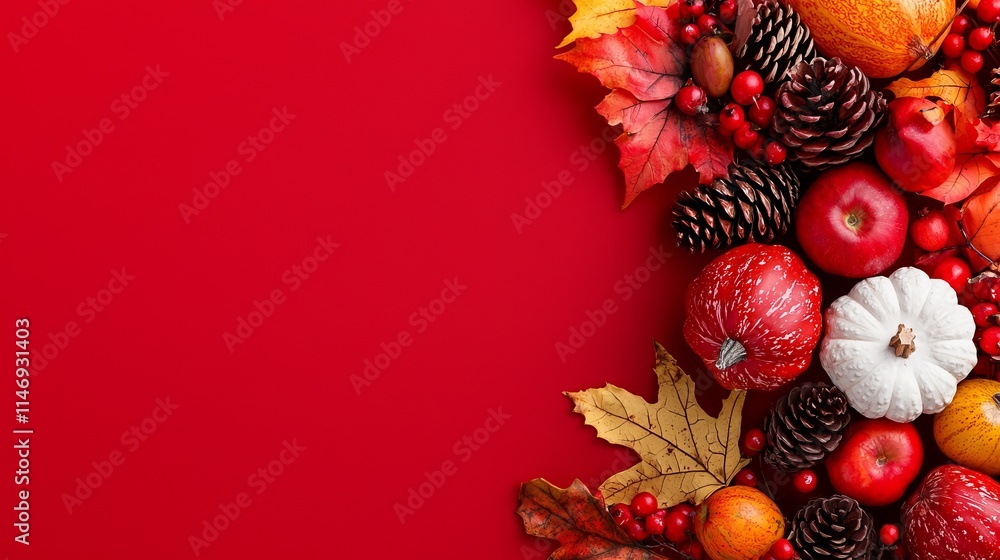 A red background with a border of autumn leaves, pumpkins, apples, and pine cones A red background with a border of autumn leaves, pumpkins, apples, and pine cones