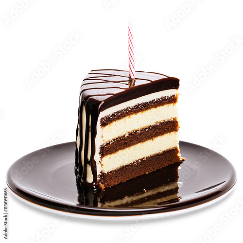 Layered cake with creamy filling and chocolate glaze isolated on transparent background photo