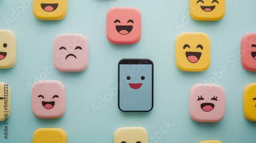 Colorful smartphone surrounded by emoji-themed icons in vibrant pastel colors, digital communication, emotions, and social interactions in a playful setting