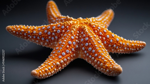 Close-up of an orange starfish with white dots on a dark background.