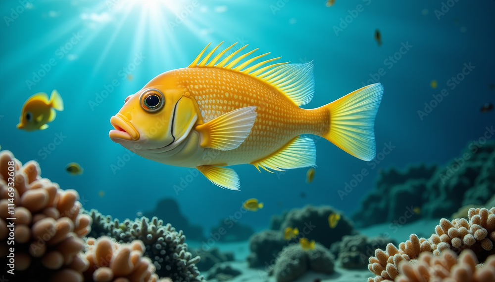 Fototapeta premium Vibrant yellow fish gracefully swims amidst colorful coral reefs in a serene underwater world