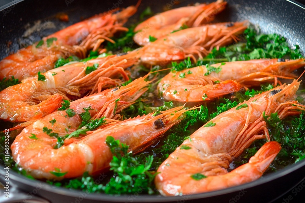 Freshly prepared shrimp simmering in a fragrant herb-infused broth on a vibrant kitchen stove Freshly prepared shrimp simmering in a fragrant herb-infused broth on a vibrant kitchen stove