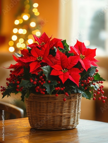 Beautiful floral arrangement of vibrant red poinsettias in a wicker basket enhancing a cozy indoor setting during the holiday season