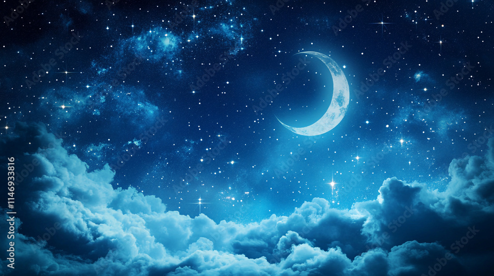 night landscape with moon and stars and various clouds, night view of starry sky with stars and moon, night background of sky, sky background in night. night landscape with moon and stars and various clouds, night view of starry sky with stars and moon, night background of sky, sky background in night.