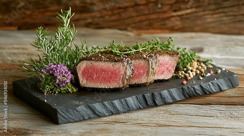 Dry aged porterhouse steak fillet centerpiece sliced beautifully garnished with herbs rustic American setting