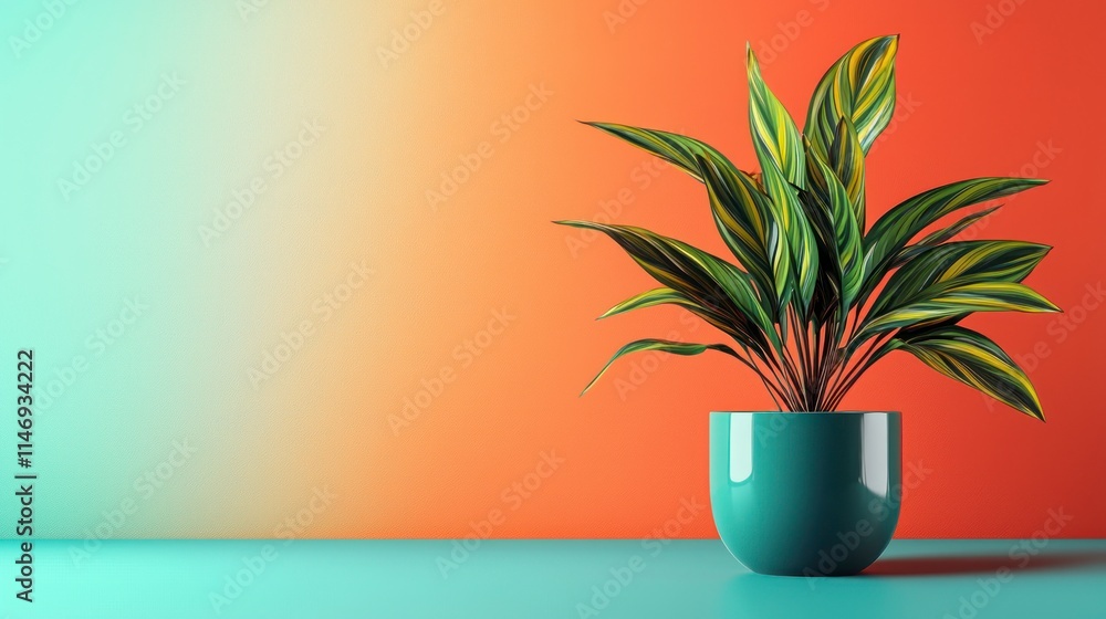 Obraz premium Colorful potted plant on a blue table with vibrant light and shadow