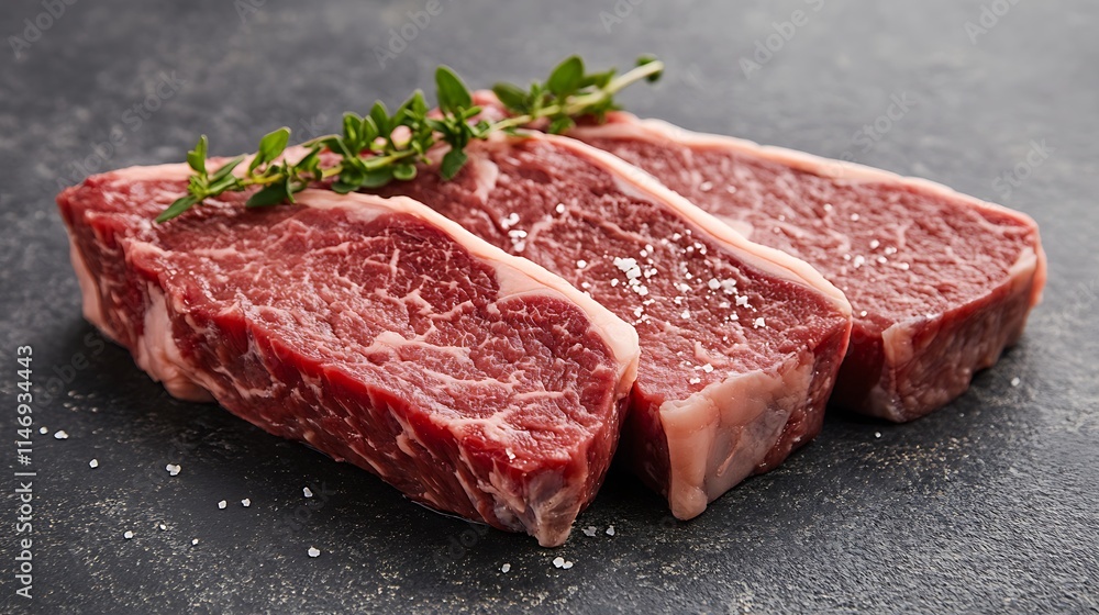 Dry aged porterhouse steak sliced to show thick fillet garnished with herbs salt served gourmet style Dry aged porterhouse steak sliced to show thick fillet garnished with herbs salt served gourmet style