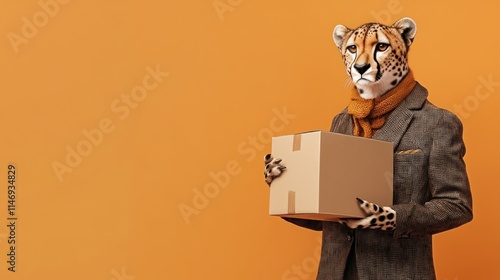 A fashionable cheetah dressed in a delivery courier suit, expertly holding a cardboard box and interpreting the role of a parcel courier.