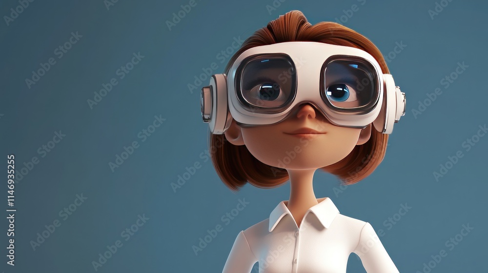 3D cartoon character of a woman in a white shirt, equipped with a pair of advanced virtual reality goggles, 3D cartoon character of a woman in a white shirt, equipped with a pair of advanced virtual reality goggles,