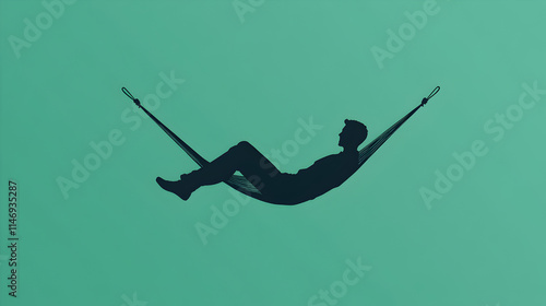 A minimalist design of a person relaxing in a hammock, symbolizing leisure and relaxation. Person in hammock illustration. #1146935287