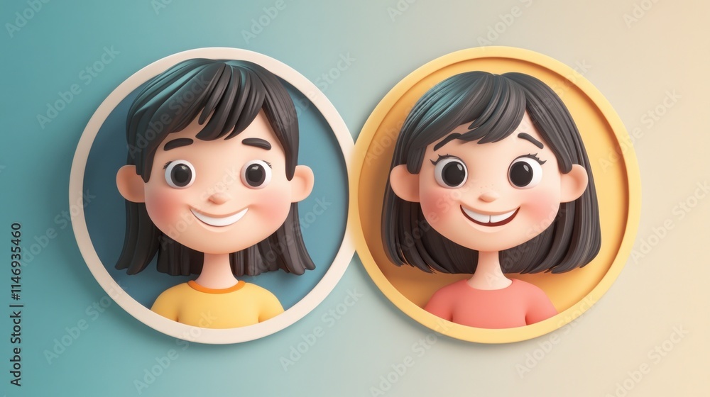 3D-style cartoon characters of a smiling woman and a young girl, designed as user profile icons 3D-style cartoon characters of a smiling woman and a young girl, designed as user profile icons
