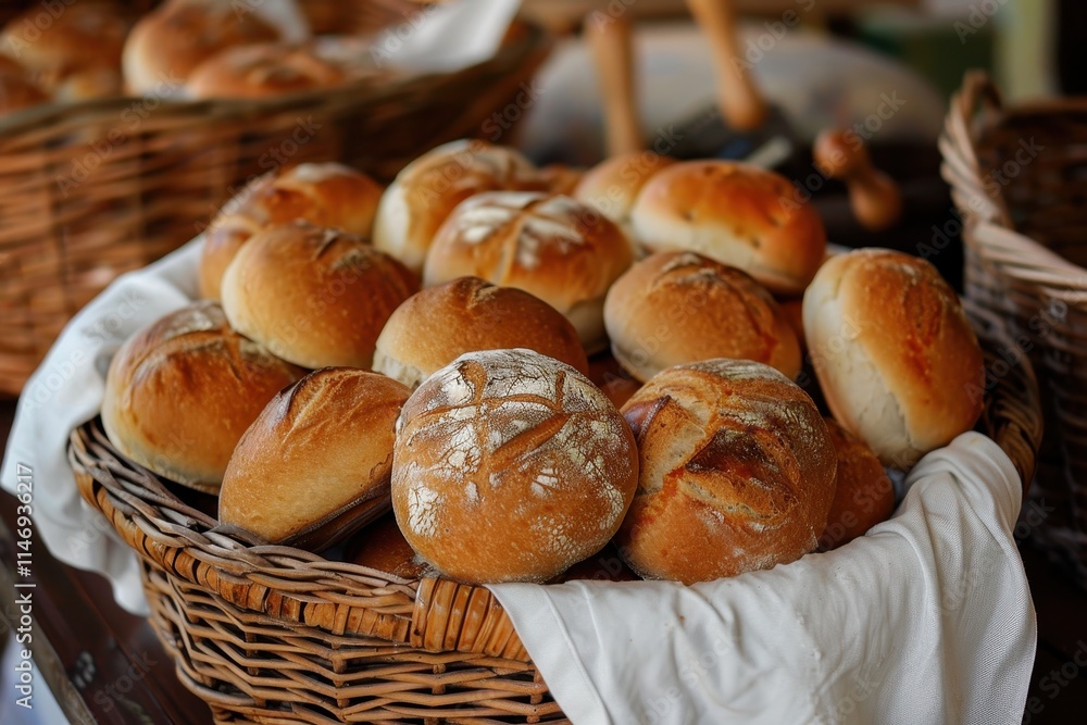 Freshly baked bread rolls arranged in a basket with a white cloth at a rustic bakery setting Freshly baked bread rolls arranged in a basket with a white cloth at a rustic bakery setting