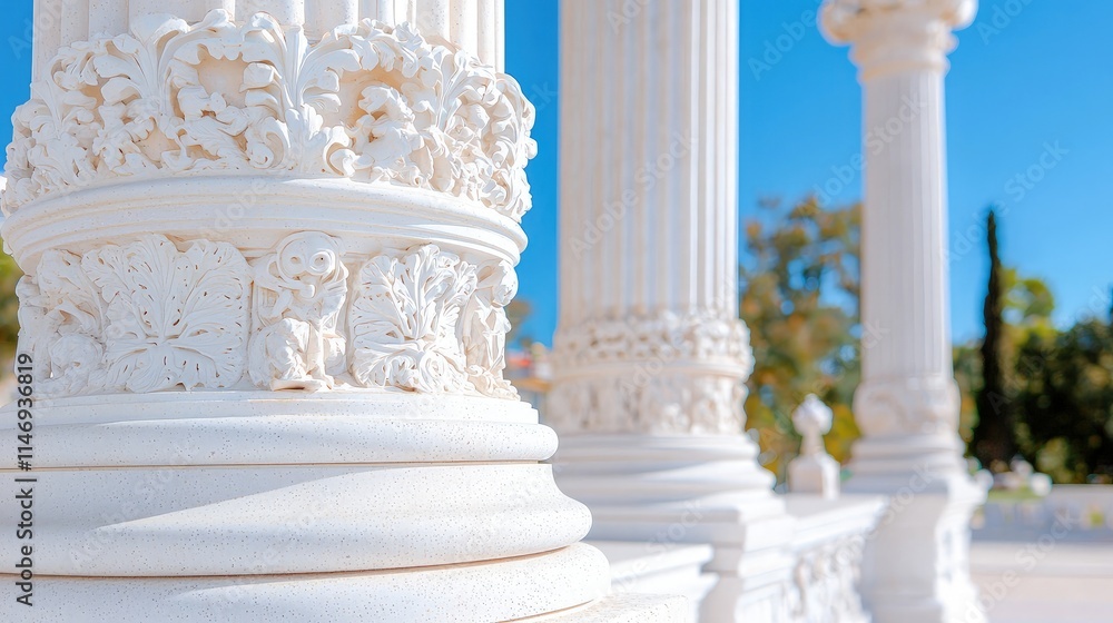 Close-up of ornate white columns under a bright sky. Close-up of ornate white columns under a bright sky.