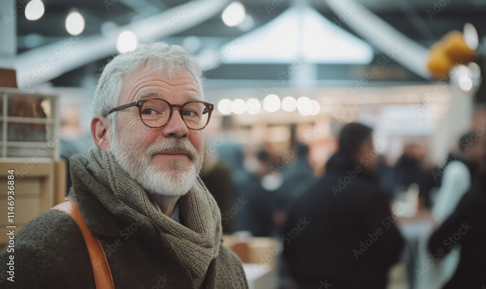 Man at a trade fair. People in the background. Man at a trade fair. People in the background.