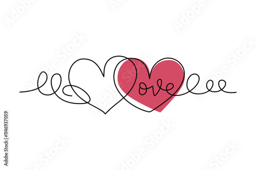 Continuous Line Art of Intertwined Hearts with the Word 'Love' in Red and Black