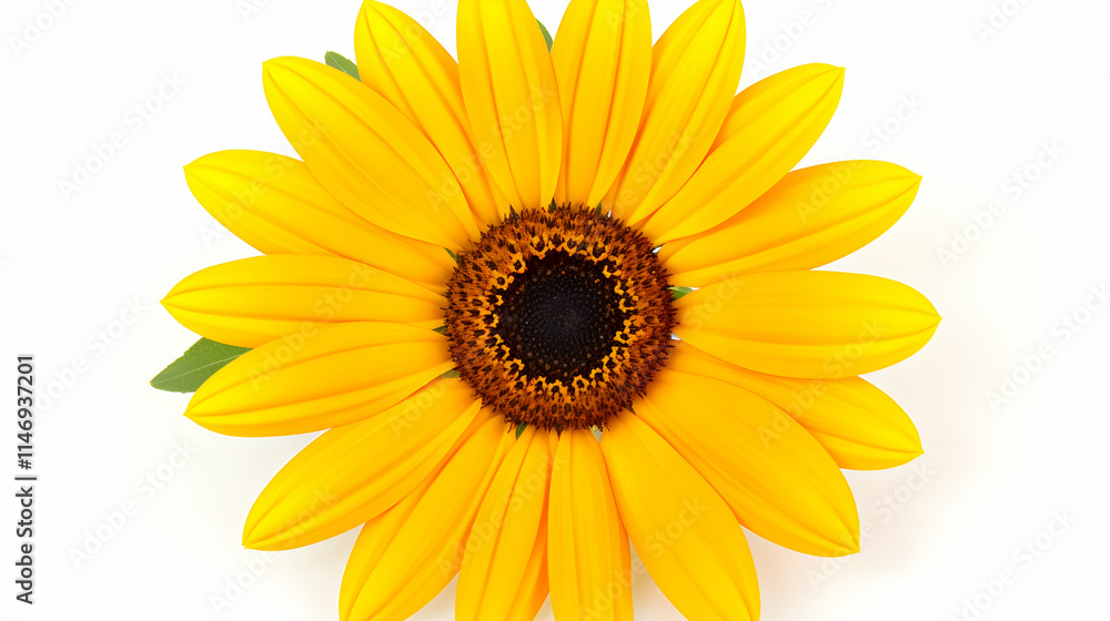 A vibrant yellow sunflower with a dark center and green leaves against a white background. A vibrant yellow sunflower with a dark center and green leaves against a white background.