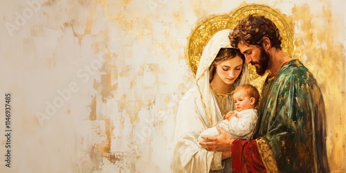 Holy family with golden halos painting with copy space. Virgin Mary and Saint Joseph holding baby Jesus Christ. For Christian banner ,card