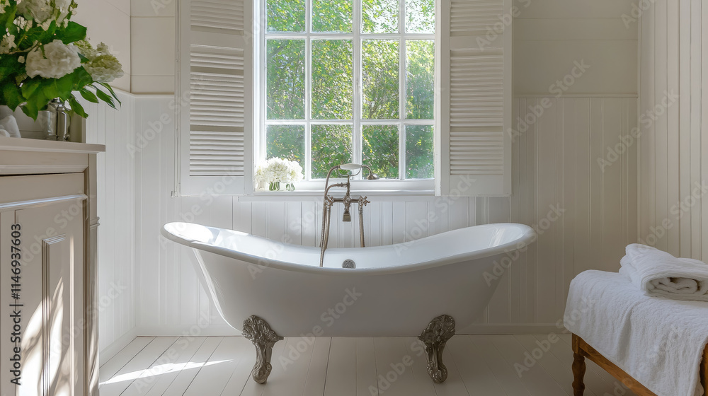 Obraz premium bathtub on graceful legs against the background of a white stylish vintage bathroom, interior design