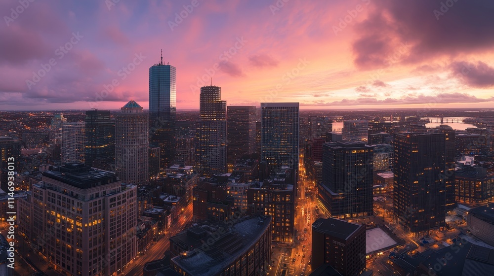 Obraz premium A panoramic cityscape at sunset, showcasing urban buildings and vibrant sky hues.