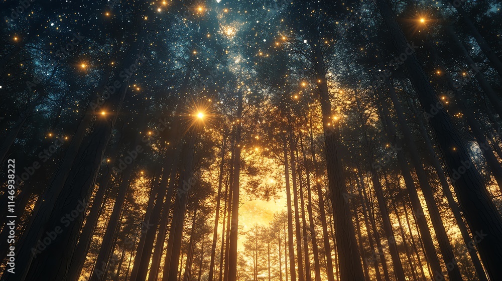 Naklejka premium A stunning forest view illuminated by ethereal lights at dusk.