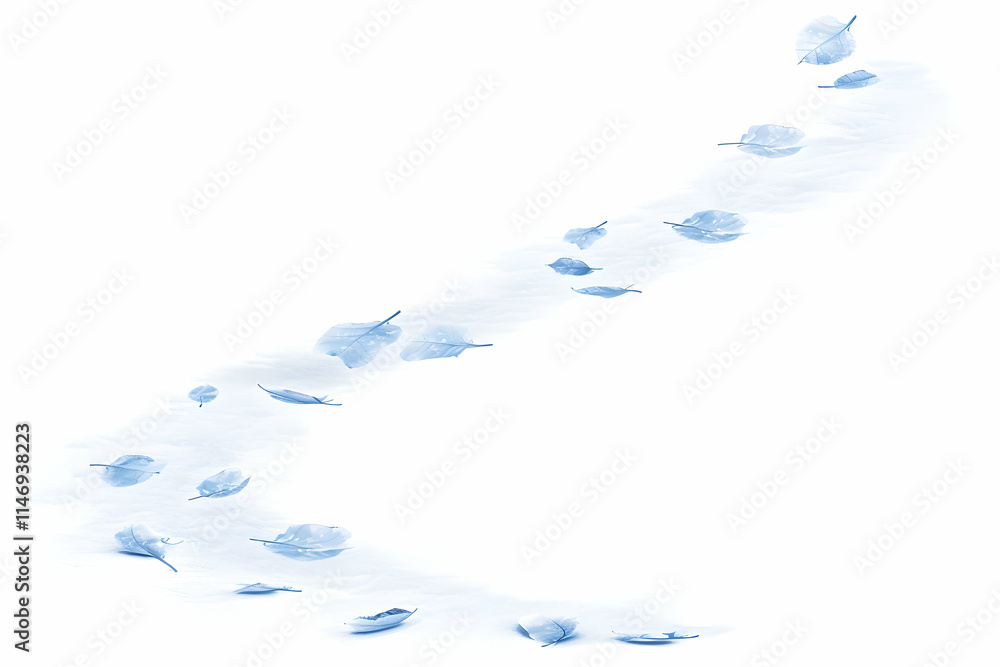 A serene arrangement of light blue leaves drifting across a soft white background. A serene arrangement of light blue leaves drifting across a soft white background.