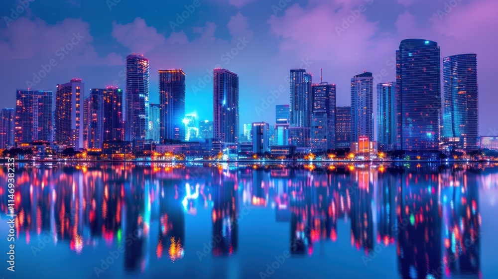 Fototapeta premium Miami Skyline Night Reflection: A Vibrant Cityscape