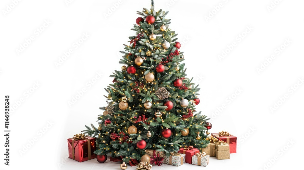 A Majestic Christmas Tree Adorned with Festive Ornaments and Presents A Majestic Christmas Tree Adorned with Festive Ornaments and Presents