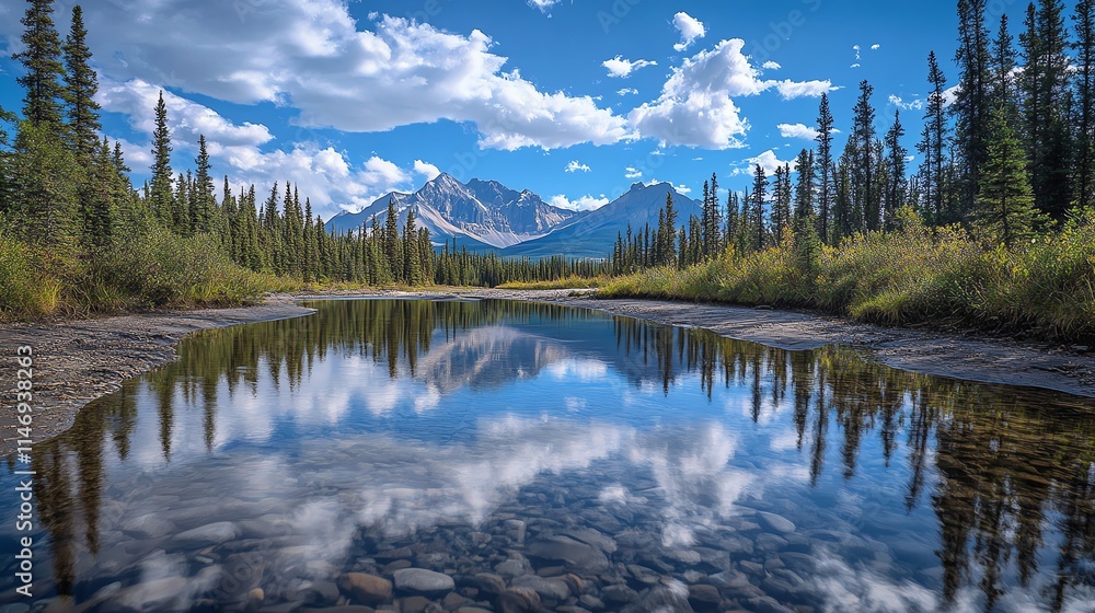 A stunning reflection of mountains in a serene river landscape. A stunning reflection of mountains in a serene river landscape.