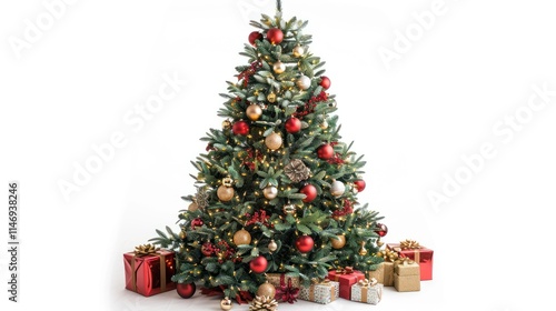 A Majestic Christmas Tree Adorned with Festive Ornaments and Presents