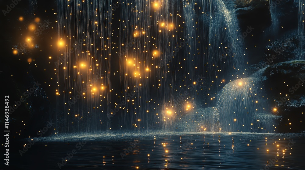 Fototapeta premium Enchanting waterfall illuminated by sparkling lights at night.