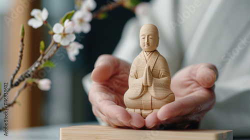 A finely crafted wooden statue of a praying monk held in human hands, symbolizing spirituality, simplicity, and cultural elegance, with cherry blossoms in the background.
 photo