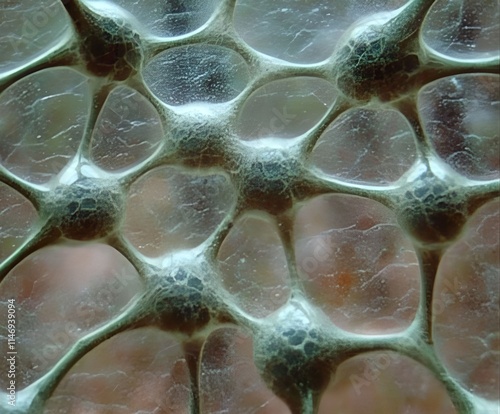 A close-up of an organic and translucent structure reminiscent of a biological or cellular network. Interconnected, membrane-like structures create a network of irregular shapes with subtle textures a photo