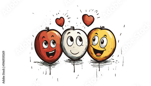 Pack de smiley en forme de coeur, dessin d'enfant à la main