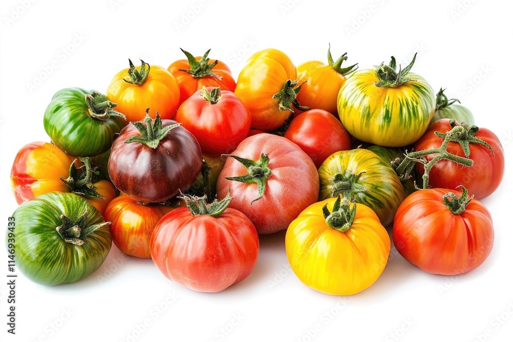 A pile of colorful heirloom tomatoes in red, yellow, and green, isolated on a white background A pile of colorful heirloom tomatoes in red, yellow, and green, isolated on a white background
