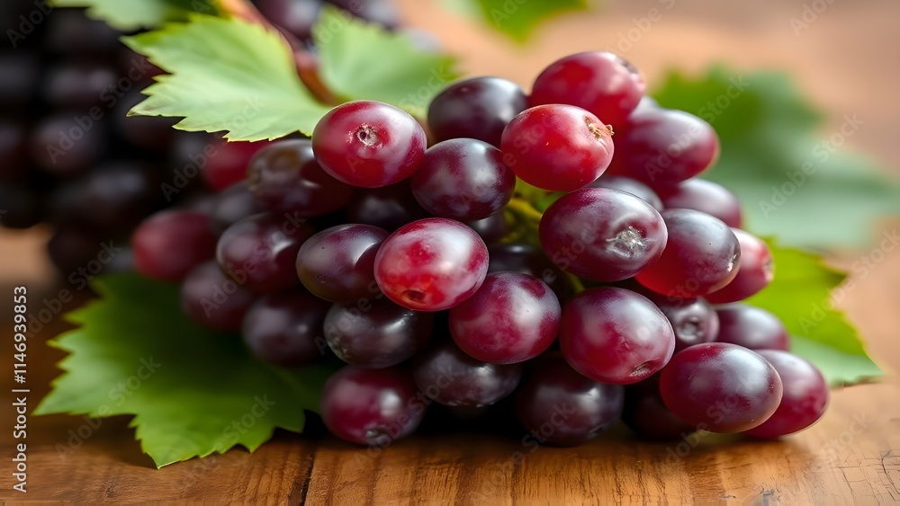 Close-up of Dark Purple Grapes with Green Leaves on a Wood Background Close-up of Dark Purple Grapes with Green Leaves on a Wood Background